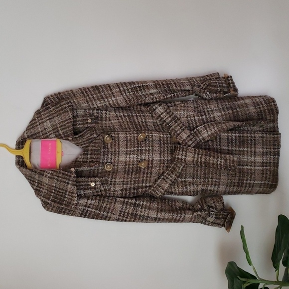 Betsey Johnson wool blend neutral boucle plaid midi double breasted coat w/ tie - Picture 1 of 12